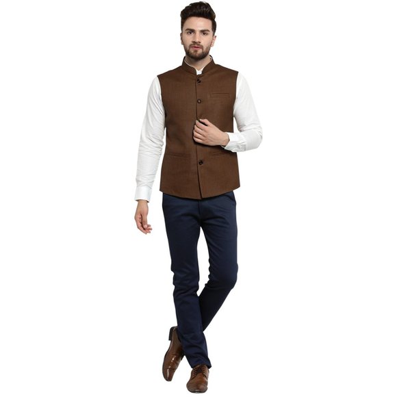 Sleeveless Traditional Jute Fabric Caramel Brown Nehru Jacket by Treemoda - Picture 5 of 5
